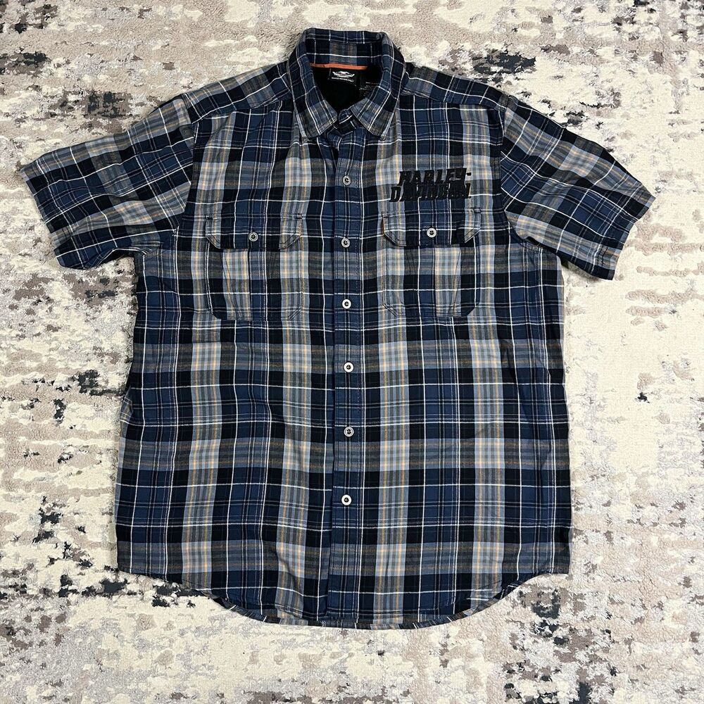Harley Davidson Short Sleeve Metal Button Down Plaid Flannel Shop Shirt Sz Large